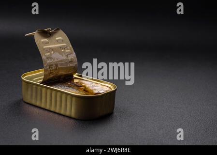 Boîte en aluminium métallique de sardines en conserve dans l'huile avec des épices et du sel Banque D'Images