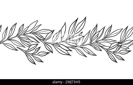 bordure sans couture dessinée à la main de plantes vectorielles, brunch de fleurs, croquis de feuilles, herbes, herbe, silhouette encrée de feuilles, illustration monochrome est Illustration de Vecteur