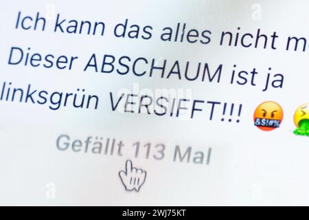 Berlin, Deutschland. 13 février 2024. Photo symbolique sur le thème des commentaires haineux dans les réseaux sociaux. Dans un commentaire sur Instagram, linksgrvºn dit sale. Berlin, le 13 février 2024. Crédit : dpa/Alamy Live News Banque D'Images