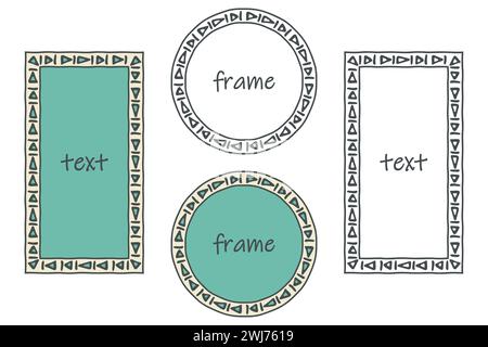 Contour des cadres, jeu de fond de couleur pastel. Ornement de doodle décoratif dessiné à la main, ligne de coup de pinceau d'encre, collection de bordures ethniques. Cercle Illustration de Vecteur
