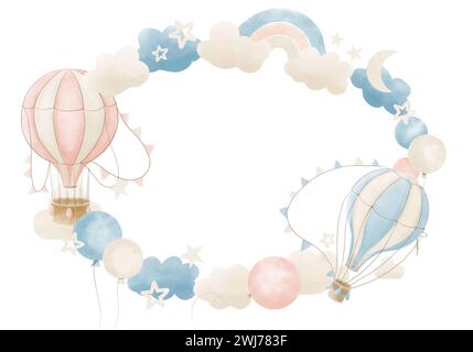 Couronne avec ballons d'air chaud dans des couleurs pastel. Cadre circulaire dessiné à la main avec des avions vintage avec des nuages et des étoiles pour cartes de voeux de douche de bébé ou invitations d'enfants sur fond isolé blanc. Banque D'Images