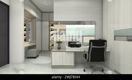 Espace de travail moderne et Walk In placard Design pour la chambre principale intérieure Banque D'Images