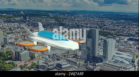 Drone de taxi volant dans les airs, illustration 3D. Banque D'Images