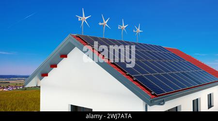 Petites éoliennes et panneaux d'énergie solaire sur le toit d'une maison privée, 3D Illustration Banque D'Images