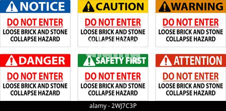 Panneau de danger, ne pas entrer, risque de brique lâche et d'effondrement de pierres Illustration de Vecteur