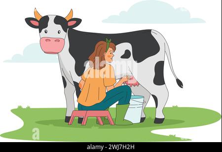 femme assise sur un tabouret et traire une vache dans un pré, illustration vectorielle rurale Illustration de Vecteur