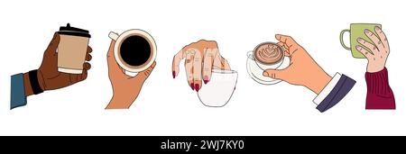 Ensemble de mains tenant des tasses avec du café et du thé. Illustration de Vecteur