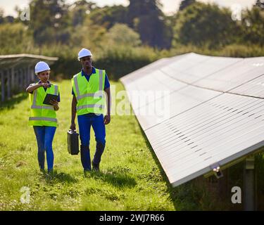 Ingénieurs hommes et femmes inspectant les panneaux solaires dans le domaine de la production d'énergie renouvelable Banque D'Images