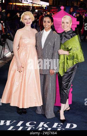 (De gauche à droite) Jessie Buckley, Anjana Vasan et Olivia Colman assistent à la première européenne de Wicked Little Letters à Odeon luxe, Leicester Square, dans le centre de Londres. Date de la photo : mardi 13 février 2024. Banque D'Images