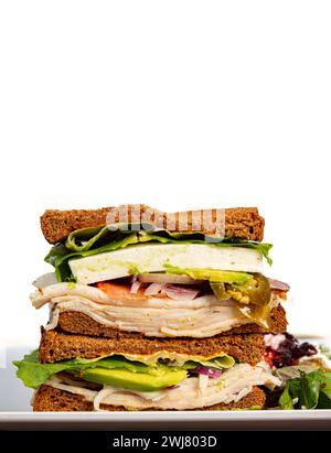 Sandwich avec poulet grillé, laitue fraîche, tomates mûres et avocat crémeux Banque D'Images