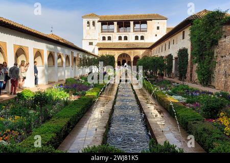 Touristes dans le Patio de la Acequia, jardins avec bassin d'eau, caractéristiques de l'eau, palais mauresque, jardins du Generalife, Alhambra, patrimoine mondial de l'UNESCO Banque D'Images