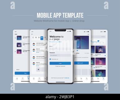 Application d'interface utilisateur du smartphone. Écrans de téléphone pour l'application boutique. Interface mobile avec login de compte et panier. Illustration de Vecteur