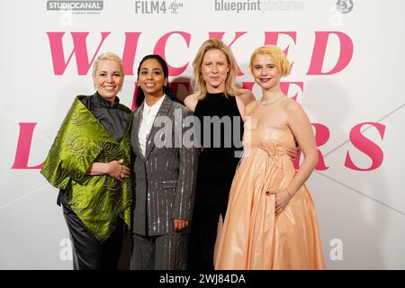 (De gauche à droite) Olivia Colman, Anjana Vasan, Thea Sharrock et Jessie Buckley assistent à la première européenne de Wicked Little Letters à Odeon luxe, Leicester Square, dans le centre de Londres. Date de la photo : mardi 13 février 2024. Banque D'Images