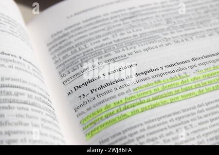 Image d'une page d'un texte en espagnol sur les licenciements, les sanctions et les lois du travail sur le travail Banque D'Images