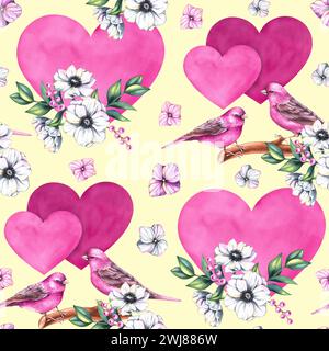 Aquarelle motif Saint-Valentin avec oiseaux, fleurs et coeur d'amour isolé sur blanc. Motif d'amour avec des coeurs et des oiseaux pour la conception de tissus, Banque D'Images