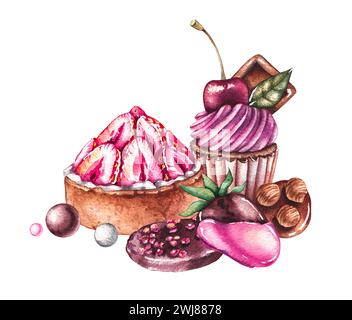 Aquarelle desserts dessinés à la main isolés. Bonbons, pâtisseries, gâteaux, fraises enrobées de chocolat, chocolat pour les conceptions de logo, cartes, invitations, pack Banque D'Images