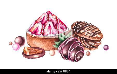 Aquarelle desserts dessinés à la main isolés. Bonbons, pâtisseries, gâteaux, fraises enrobées de chocolat, chocolat pour les conceptions de logo, cartes, invitations, pack Banque D'Images