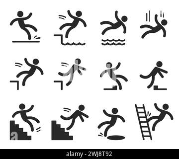 Symboles de mise en garde avec figurine homme tombant. Sol mouillé, trébucher, tomber des escaliers, échelle, eau, arête. Sécurité sur le lieu de travail et vecteur de blessure illus Illustration de Vecteur