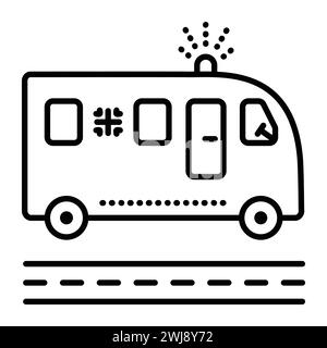 Icône de vecteur de ligne noire d'ambulance, signe de transport d'urgence, vue latérale de la voiture médicale Illustration de Vecteur