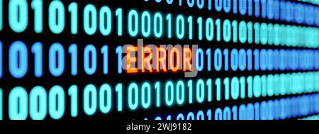 Message d'erreur. Code binaire, erreur dans le système informatique. Message d'erreur. Erreur du système informatique, code binaire, zéro et un. Panneau d'avertissement d'erreur, système Banque D'Images