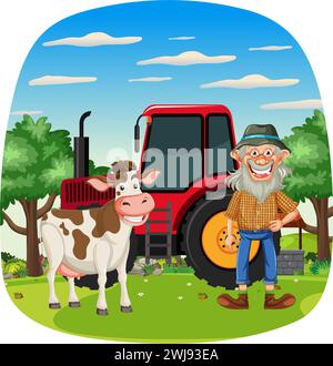 Fermier de dessins animés debout à côté de la vache et du tracteur. Illustration de Vecteur