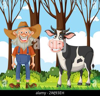 Fermier joyeux debout à côté d'une vache souriante Illustration de Vecteur