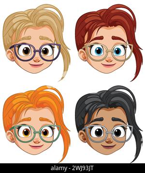 Quatre visages stylisés de dessins animés portant des lunettes Illustration de Vecteur