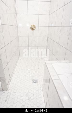 Carrelage marbré blanc et gris grande douche à domicile vide récemment rénovée dans une salle de bains principale Banque D'Images