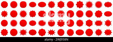 Autocollants de prix de vente Starburst, sceaux et étiquettes. Étoile et rosette, ovale et solaire, légende et éclaboussure, timbre et badge d'étiquette ensemble de vecteurs isolés. Autocollants rouges pour la campagne publicitaire promotionnelle Illustration de Vecteur