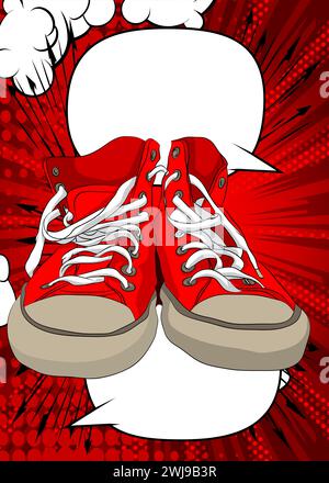 Chaussures vintage de dessin animé avec bulle de discours vierge, fond de chaussure de Trainers de bande dessinée. Design pop art de bandes dessinées vectorielles rétro. Illustration de Vecteur