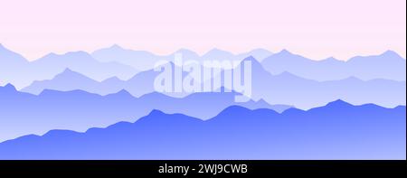 Silhouette de chaîne de montagne au coucher ou au lever du soleil. Vue panoramique sur le paysage le matin. Crêtes de montagne et collines arrière-plan. Pics bleus et roses avec brume et brouillard. Illustration vectorielle Illustration de Vecteur