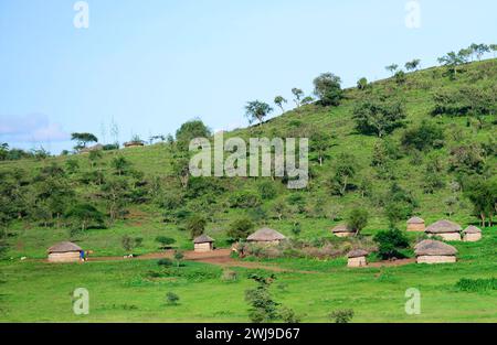 Huttes tanzaniennes dans de petits villages du nord de la Tanzanie. Banque D'Images