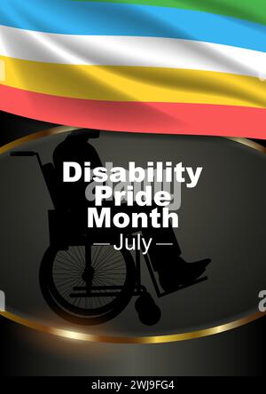 Silhouette d'un homme en fauteuil roulant avec le drapeau Disability Pride Month comme décoration, les Américains handicapés agissent Illustration de Vecteur