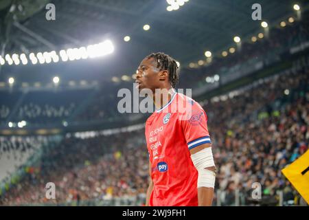 Turin, Italie. 12 février 2024. Kingsley Ehizibue de l'Udinese Calcio vu lors du match entre la Juventus FC et l'Udinese Calcio dans le cadre de la Serie A italienne, match de football au stade Allianz. Score final, Juventus FC 0:1 Udinese Calcio crédit : SOPA images Limited/Alamy Live News Banque D'Images