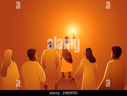 Série d'illustration de silhouette biblique, Jésus conduit le groupe de disciples avec la torche, Jésus est la lumière du monde. Illustration de Vecteur
