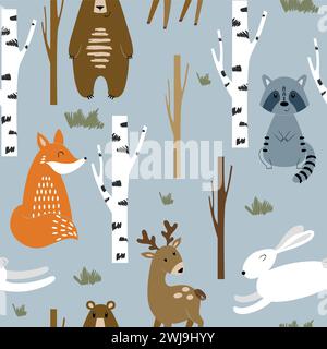 Joli motif sans couture avec des animaux de la forêt et des arbres. Fond de vecteur pour tissu, papier d'emballage, etc Illustration de Vecteur