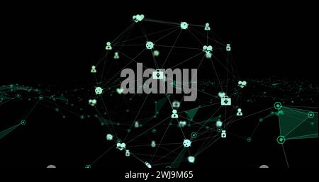 Image du globe du réseau de connexions avec des icônes flottant sur fond noir Banque D'Images