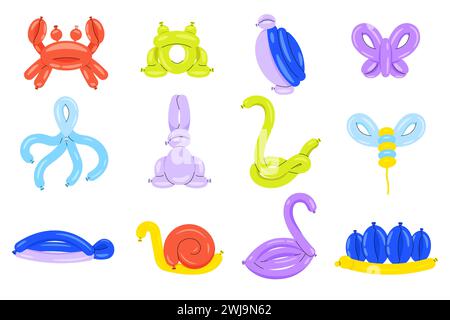 Animaux de compagnie de ballon de dessin animé. Personnages animaux d'hélium mignons, animaux à bulles colorés pour la décoration de fête d'anniversaire. Ensemble isolé de vecteur Illustration de Vecteur