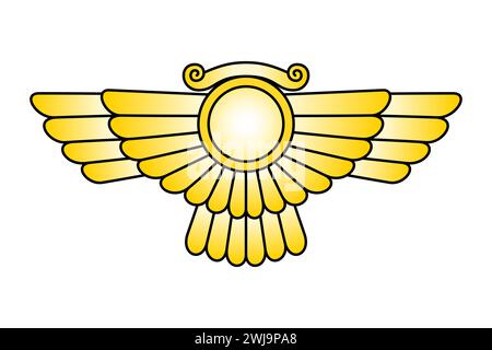 Emblème du soleil ailé du Dieu Ashur, disque solaire avec des ailes. Ashshur, le Dieu principal de la mythologie assyrienne dans la religion mésopotamienne, Dieu de la ville d'Assur. Banque D'Images