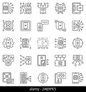 Ensemble d'icônes de contour de smartphone d'intelligence artificielle - symboles de concept de technologie mobile ai. Téléphone avec panneaux d'apprentissage automatique Illustration de Vecteur