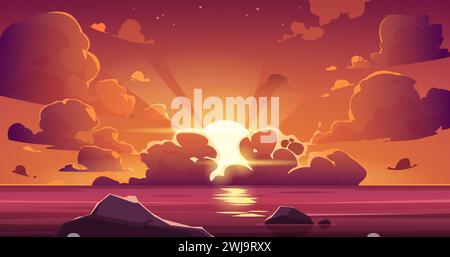 Ciel de coucher de soleil de mer de dessin animé. Paysage de plage océanique avec nuages violets flottants et rivage proche, lever de soleil de mer en toile de fond. Vue sur le paradis du coucher de soleil vecteur Illustration de Vecteur