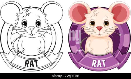 Deux rats de dessin animé stylisés dans des cadres circulaires. Illustration de Vecteur