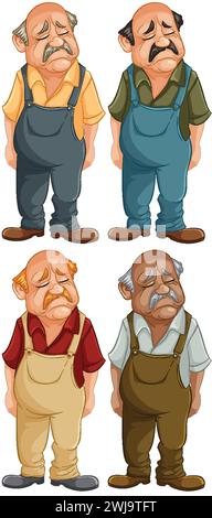 Quatre hommes de dessins animés avec diverses expressions tristes. Illustration de Vecteur