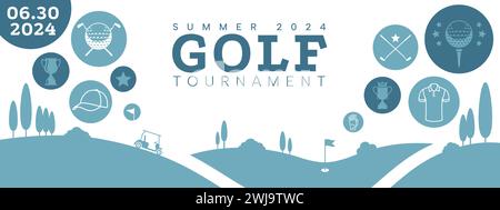 Bannière de golf. Affiche de club avec coupe et balle de golf, conception de flyer de tournoi avec herbe verte, putter et tasse. Illustration vectorielle Illustration de Vecteur