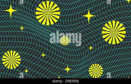Rétro futuriste abstrait Wavy Grid et Geometric Shapes Seamless Pattern. Wireframe avant-Garde Print dans les couleurs vert fluo et jaune. Surface 3D polygonale, Illustration vectorielle. Illustration de Vecteur