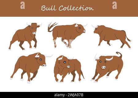 Illustration vectorielle de dessin animé Bull. Taureau mignon dans différentes poses et actions. Illustration de Vecteur