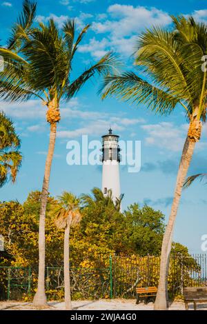 Un phare pittoresque du Cap Florida se dresse haut entouré de palmiers oscillants et de feuillage tropical sous un ciel bleu clair à Miami, en Floride. Banque D'Images