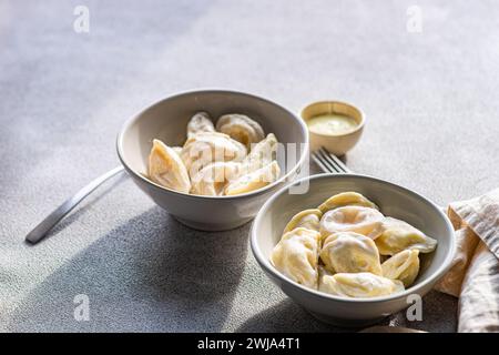 Une paire de bols en céramique contenant du varenyky ukrainien, boulettes traditionnelles, servies avec un côté de crème sure et de sauce au beurre, illuminé par natura Banque D'Images