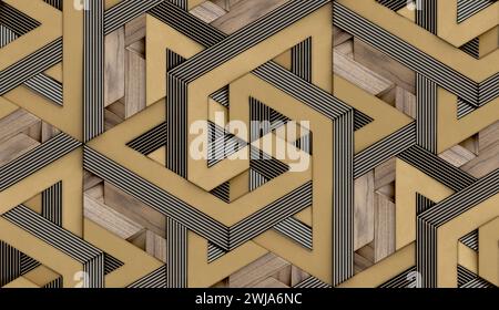 Papier peint 3D sous la forme d'imitation de mosaïque décorative de bois, or mat, cuir noir et décor de rayures dorées avec reali sans couture de haute qualité Banque D'Images