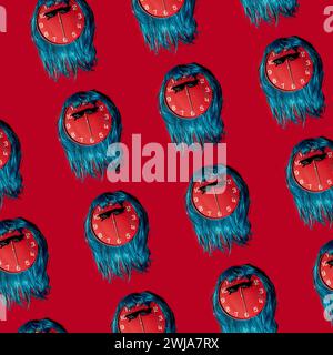 Un motif créatif avec des cadrans bleus avec un fond rouge vif, évoquant une sensation de surréalisme et de temps Banque D'Images